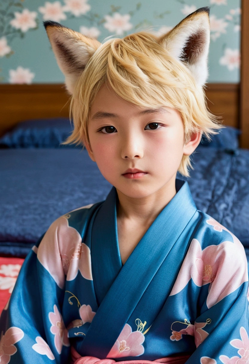 1 boy(8-year-old、blonde、short hair、fox ears、close ~ eye、blush、orgasm、humid、blue kimono、clavicle)、lie、sleep、syncope、bed、Japanese style room、focus on upper body、gay