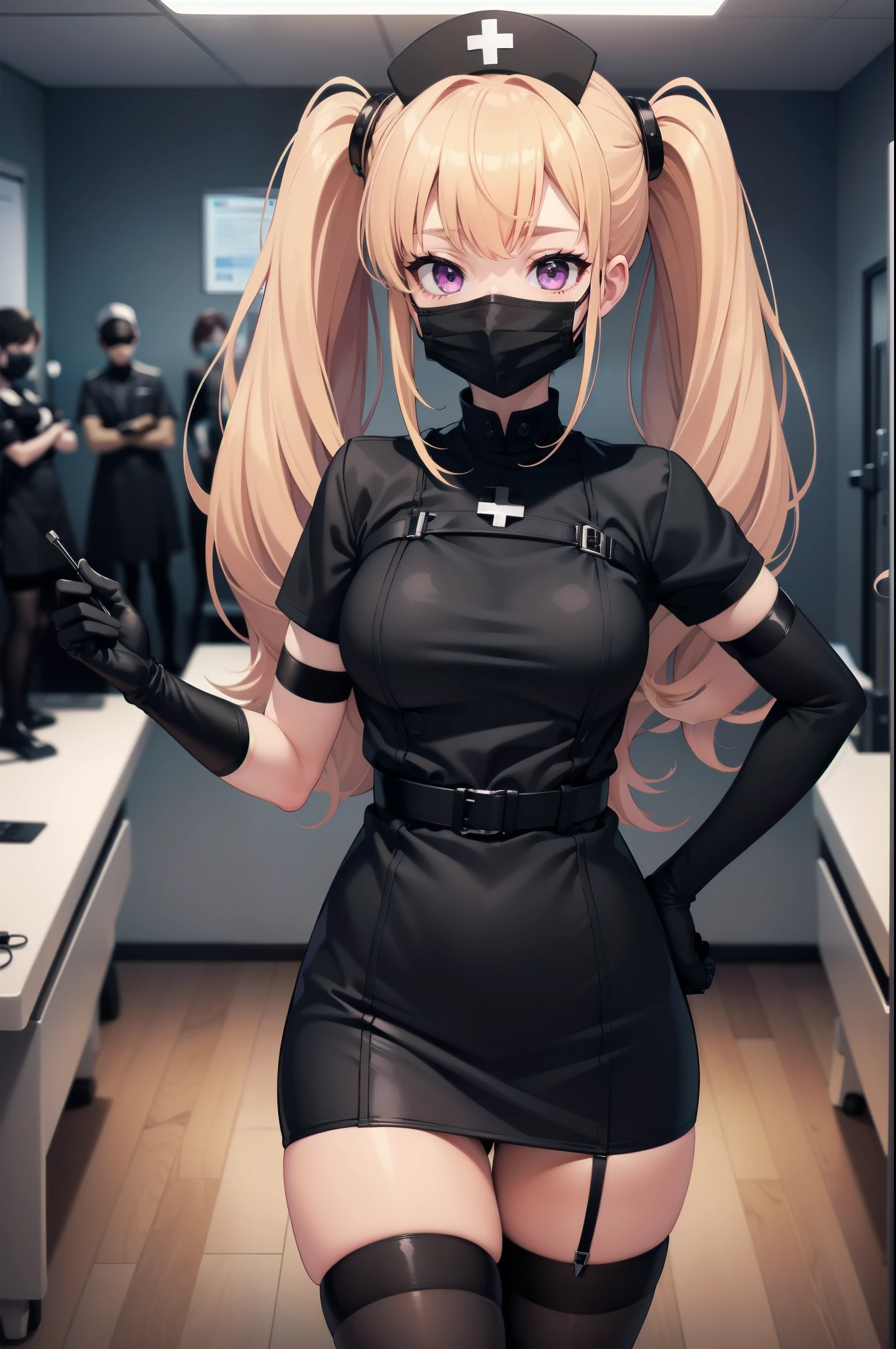 black nurse, 1girl, solo, black nurse cap, black wear, ((black legwear, zettai ryouiki)), black elbow gloves, twintails, yellow hair, purple eyes, ((black surgical mask, covered nose)), standing, ((surgery room)), sharp outline, short sleeves, best quality, masterpiece