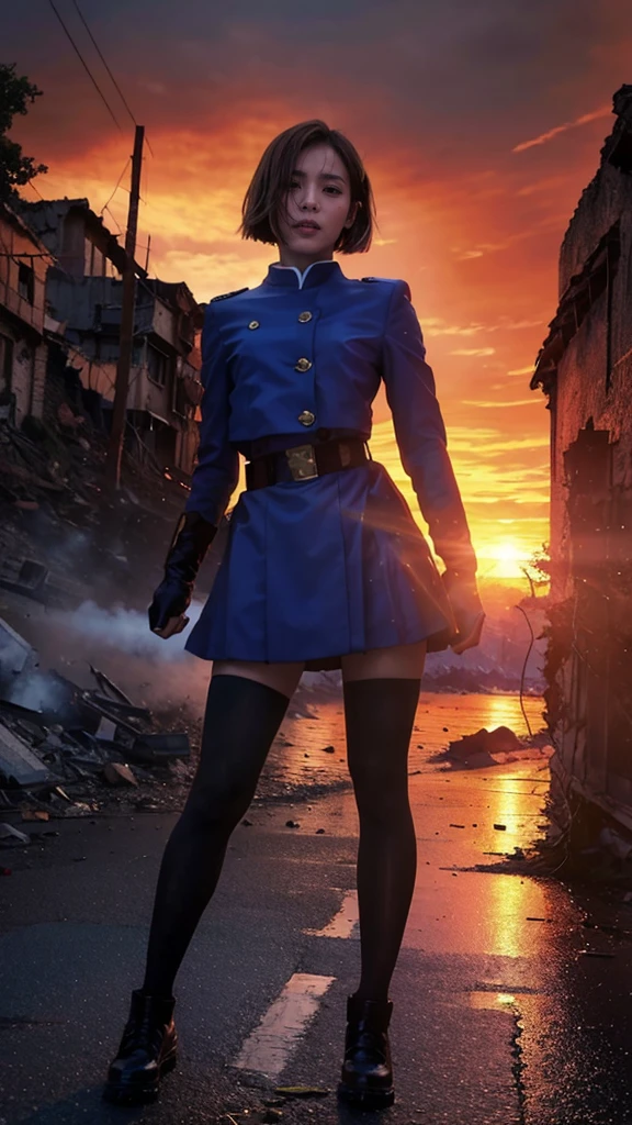 (Giantess element, high resolution, high quality, accurate body structure, detailed body), focus on girl,
BREAK,
Sexy, combat uniform, girl, looking up at approaching woman from below, cute, (girl destroying town with magic: 1.2), mischievous expression, white skin, smiling, trampling, walking, anatomically correct, accurate human body, accurate skeleton, full body portrait, shock wave from girl's hand, magic shock wave,
BREAK,
Destroying town, rubble, burning town, destroyed building, collapsed highway, car being crushed, evacuation of residents, sunset, burning town, rubble scattered at feet, increasing destructive elements, lightning-like aura, in ruined city,