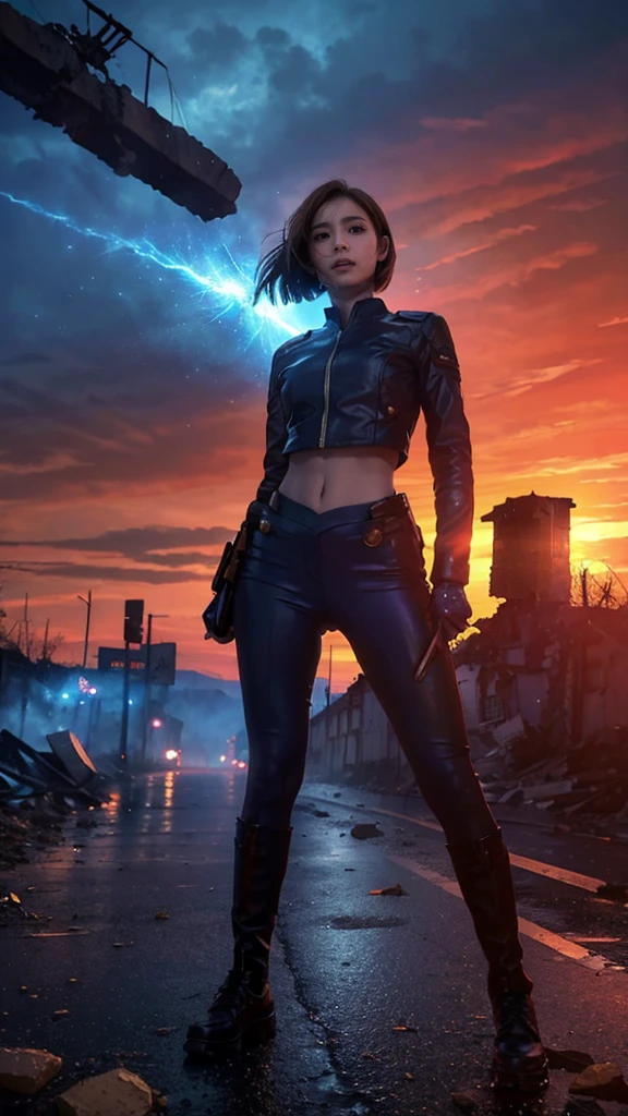 (Giantess element, high resolution, high quality, accurate body structure, detailed body), focus on girl,
BREAK,
Sexy, combat uniform, girl, looking up at approaching woman from below, cute, (girl destroying town with magic: 1.2), mischievous expression, white skin, smiling, trampling, walking, anatomically correct, accurate human body, accurate skeleton, full body portrait, shock wave from girl's hand, magic shock wave,
BREAK,
Destroying town, rubble, burning town, destroyed building, collapsed highway, car being crushed, evacuation of residents, sunset, burning town, rubble scattered at feet, increasing destructive elements, lightning-like aura, in ruined city,