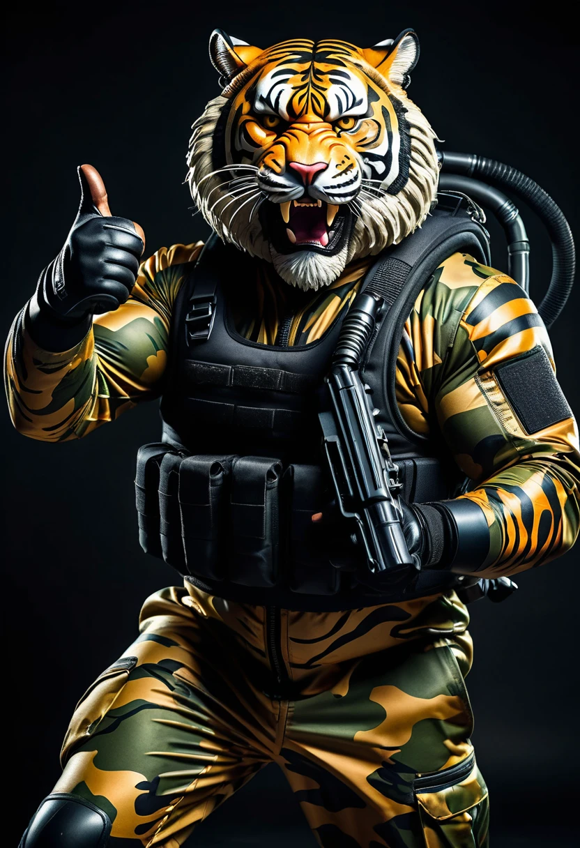 (a dark-skinned bearded fat muscular old man in a bulky army camouflage zipper diver suit) carrying a gun, (wearing realistic roaring tiger mask), dynamic action pose, fierce expression, showcasing an imposing stature, surrounded by military elements, dramatic shadows and intense highlights, cinematic color tones, high detail, powerful, art influenced by Bruce Onobrakpeya and Stanley Artgerm, ultra-detailed, best quality image, action-packed atmosphere. thumbs up pose