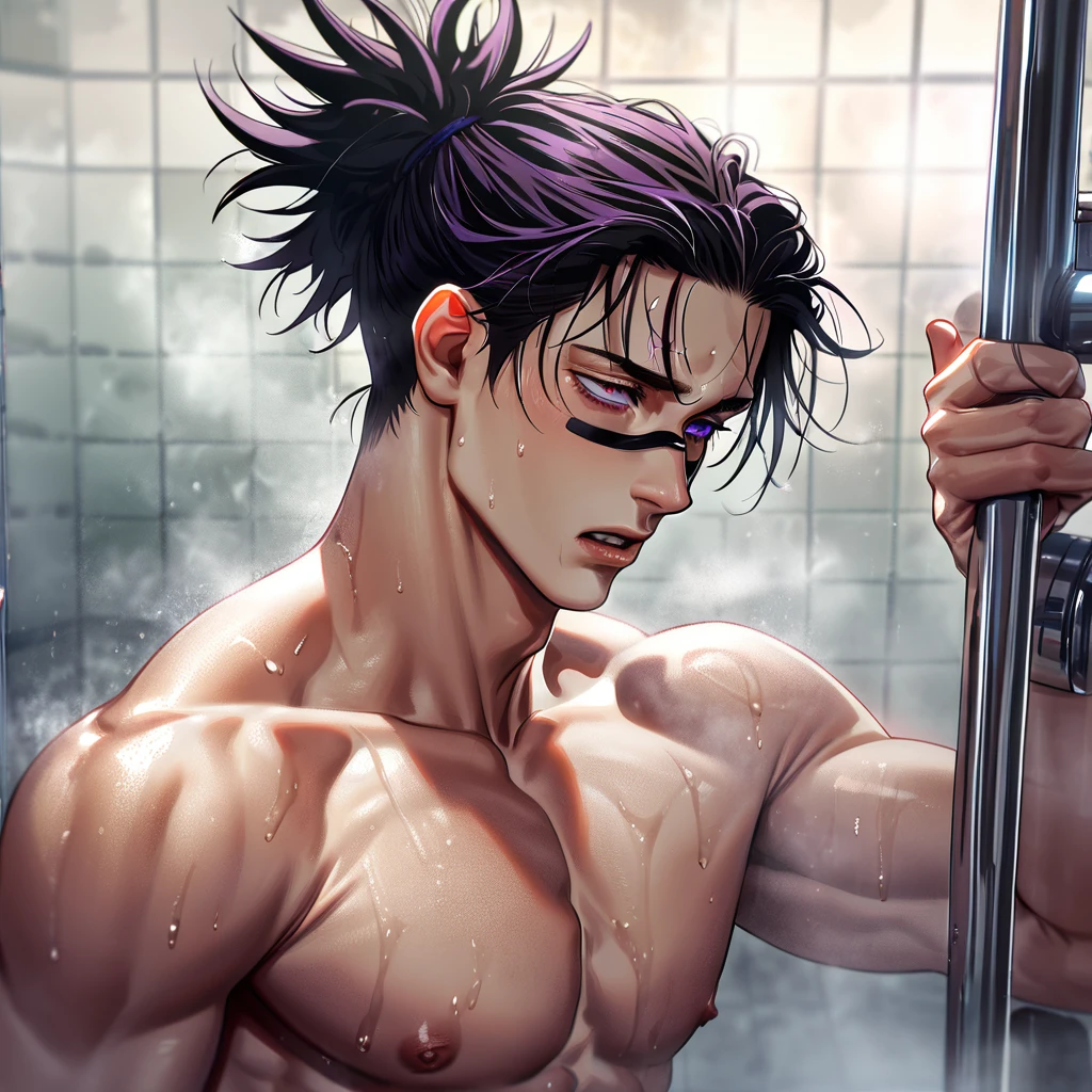 absurdres, highres, ultra detailed, HDR, master piece, best quality, extremely detailed, Choso, black hair, expressive purple eyes, Jujutsu Kaisen, solo, sexy man, handsome, horny, sensual, without clothes, naked, taking a shower, bathroom, water, dick, erection