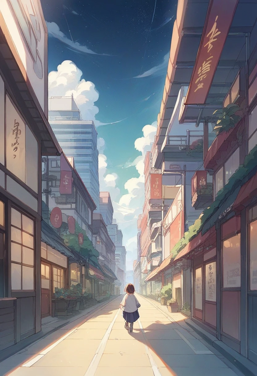 Back view of a maiko walking Japan Kyoto cityscape Starry Sky