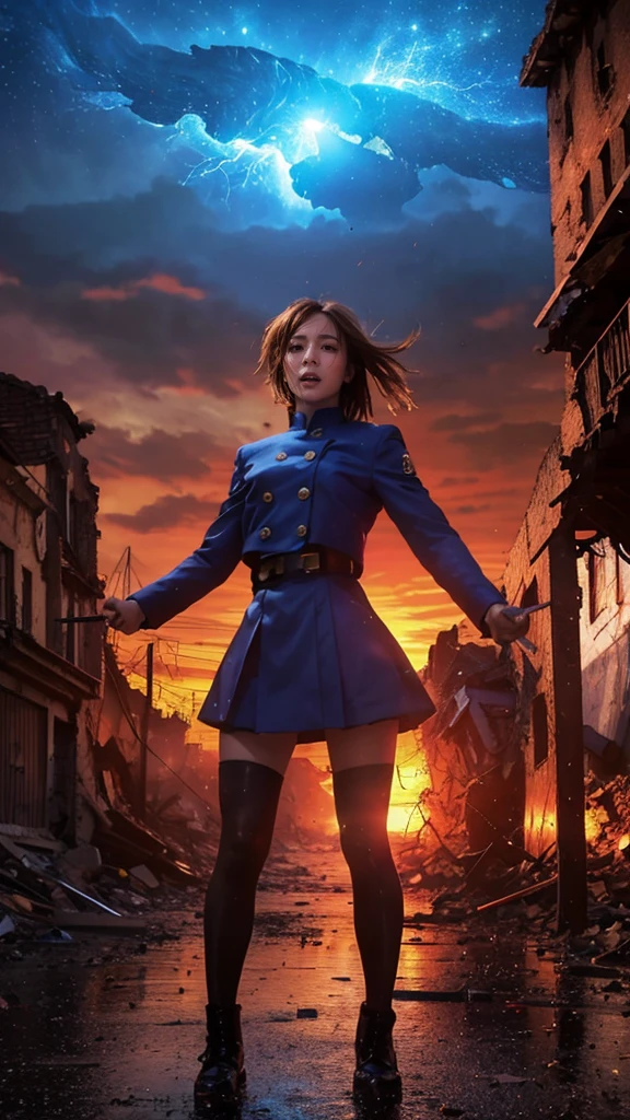 (Giantess element, high resolution, high quality, accurate body structure, detailed body), focus on girl,
BREAK,
Sexy, combat uniform, girl, looking up at approaching woman from below, cute, (girl destroying town with magic: 1.2), mischievous expression, white skin, smiling, trampling, walking, anatomically correct, accurate human body, accurate skeleton, full body portrait, shock wave from girl's hand, magic shock wave,
BREAK,
Destroying town, rubble, burning town, destroyed building, collapsed highway, car being crushed, evacuation of residents, sunset, burning town, rubble scattered at feet, increasing destructive elements, lightning-like aura, in ruined city,