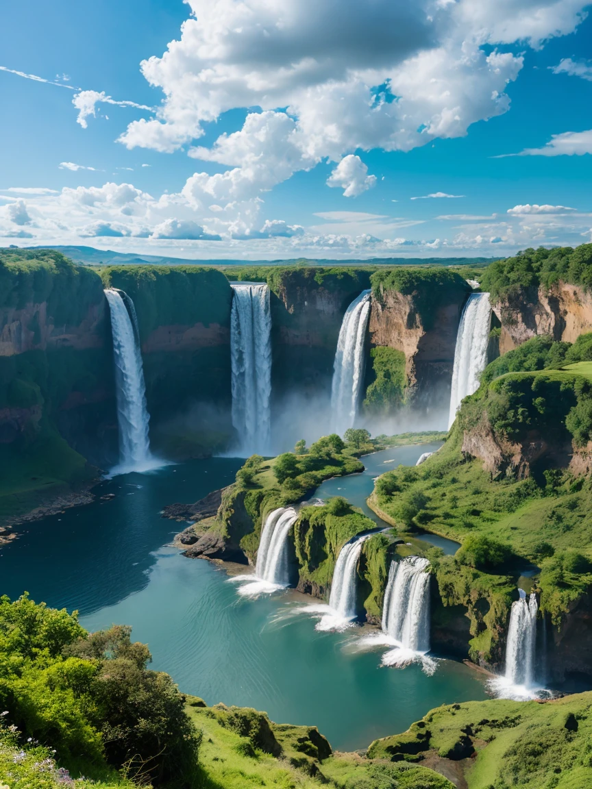 ((Fantastic landscape)),photograph,(unrealistic),((waterfall)),((high place)),colorful clouds
