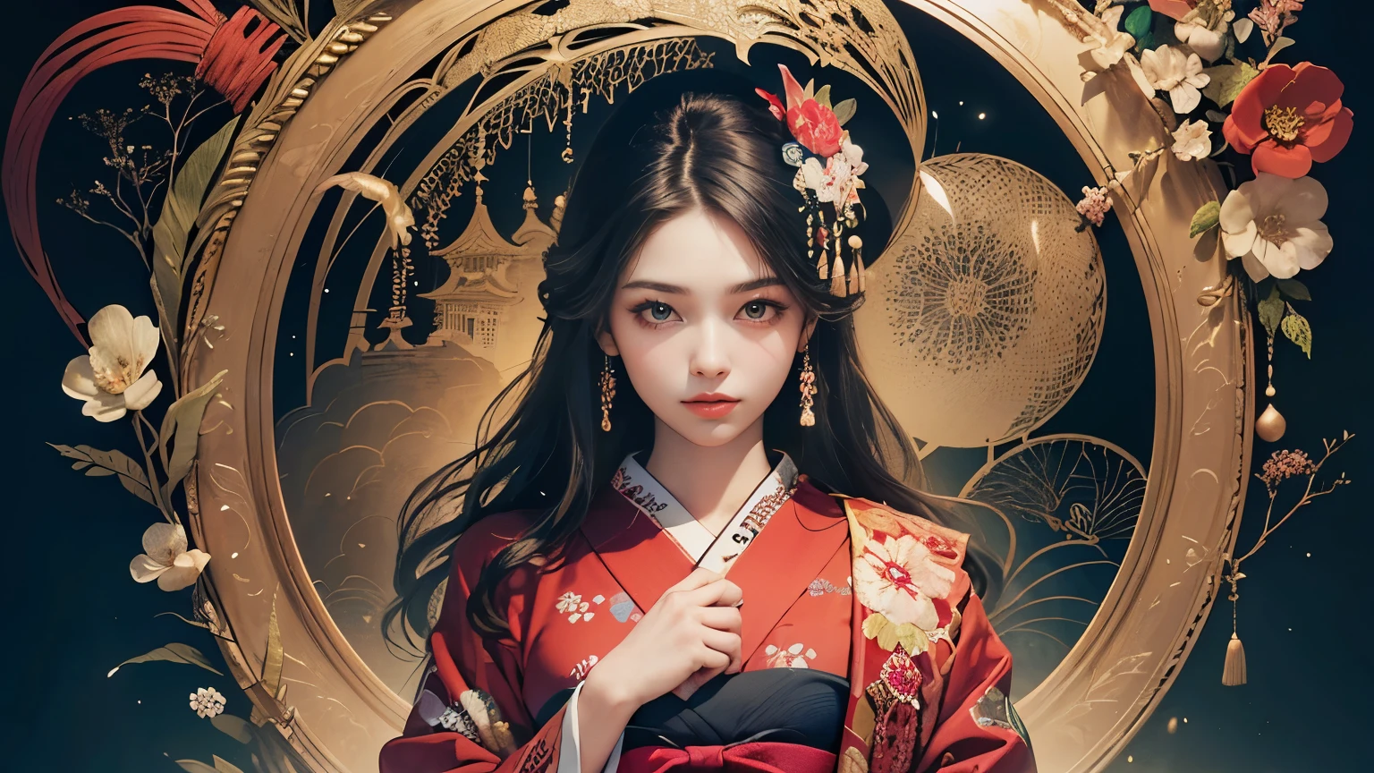 (masterpiece, highest quality, highest quality, Official Art, beautifully、aesthetic:1.2), (One girl),Fancy costumes(Gorgeous Japanese kimono((Detailed embroidery))), Very detailed, (Fractal Art), colorful, Most detailed, Mandala in the background