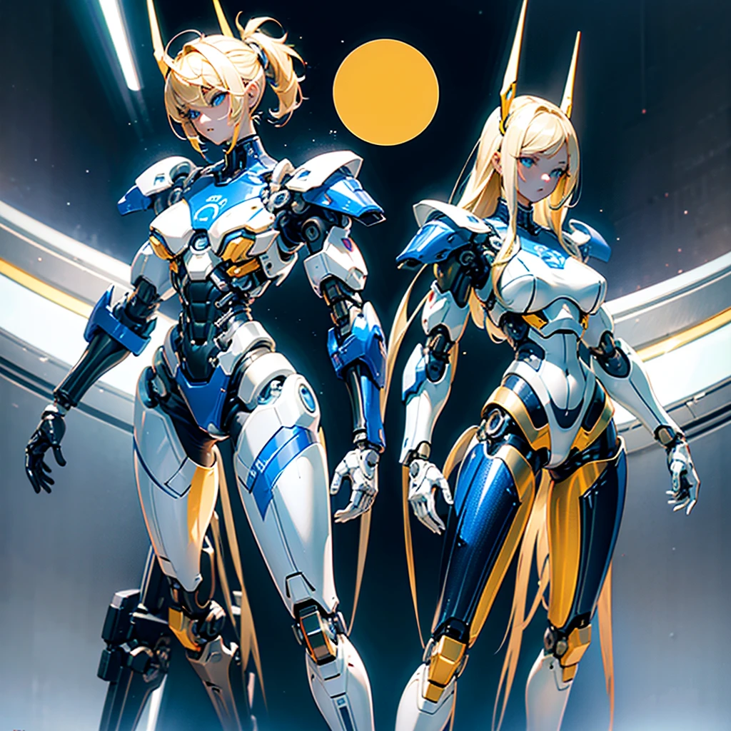 masterpiece, high quality, During the surgery to convert the machine、A blonde straight-haired girl with a mechanical body and cyborg body.、Surgery to convert to a gynoid cyborg body with exposed mechanical parts、Blue and white leotard-type mechanical armor、The whole body from the neck down is precision-machined.、The crotch area is open, revealing the genital-shaped machine inside.、Single image、Full-body shot from the front