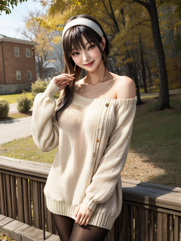 8K, best quality, masterpiece, three-dimensional feeling, Reality, female student, raised sexy, looking at viewer, Chinese face, delicate facial features, with short black hair, messy hair, smile, being red in the face , white skin in red, beautiful legs, average height, with good figure, off-shoulder sweater, extra-long sweater, medium breasts, looming, there is sweat, the whole person is outside in a flower field, outside on the streets of Japan, the background is real, with the whole body visible, frontal shot, SLR shot,