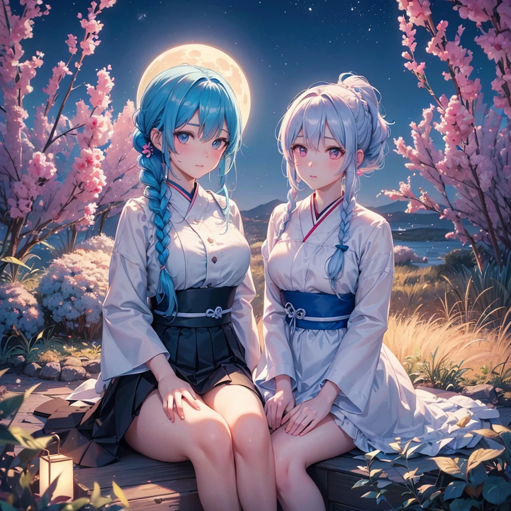 Sky blue hair, (Braided Ponytail:1.2), Pink eyes,Fair skin ,(whole body),(One Girl),Tsukimi,(White sweet dumplings ),White round dumplings,Japanese pampas grass,(beautiful, Full moon shining in the night sky),(masterpiece, Highest quality, Very detailed, Best Shadow), (Detailed Background), (Beautifully detailed face), High Contrast, (Best lighting, Very delicate and beautiful), ((Cinematic Light)), colorful, Hyper Detail,8k, Dramatic Light, Intricate details,Sit and eat dumplings while watching the moon,(Shadow of a rabbit on the moon),mysterious