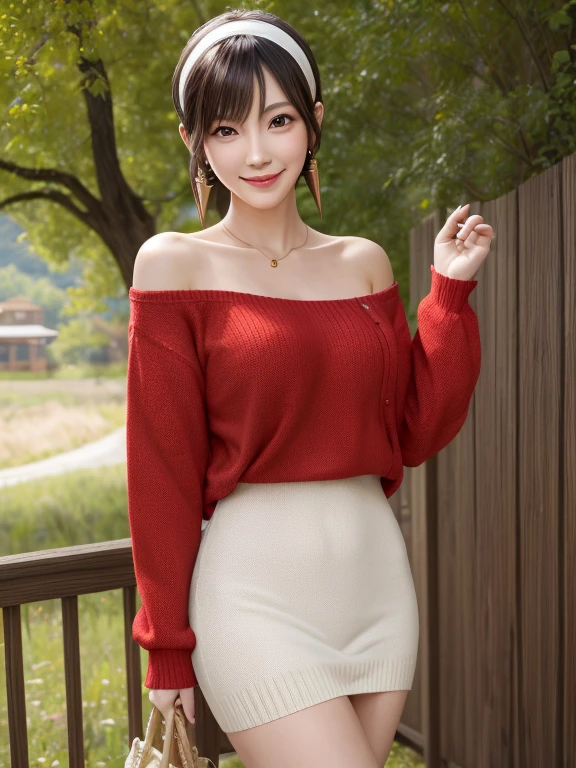 masterpiece, best quality, highres, bbyorf, short hair with long locks, white hairband, red eyes, gold earrings, large breasts, jewelry, off shoulder, red sweater, sweater dress, long sleeves, black pantyhose, outdoors, standing cowboy shot, smile,