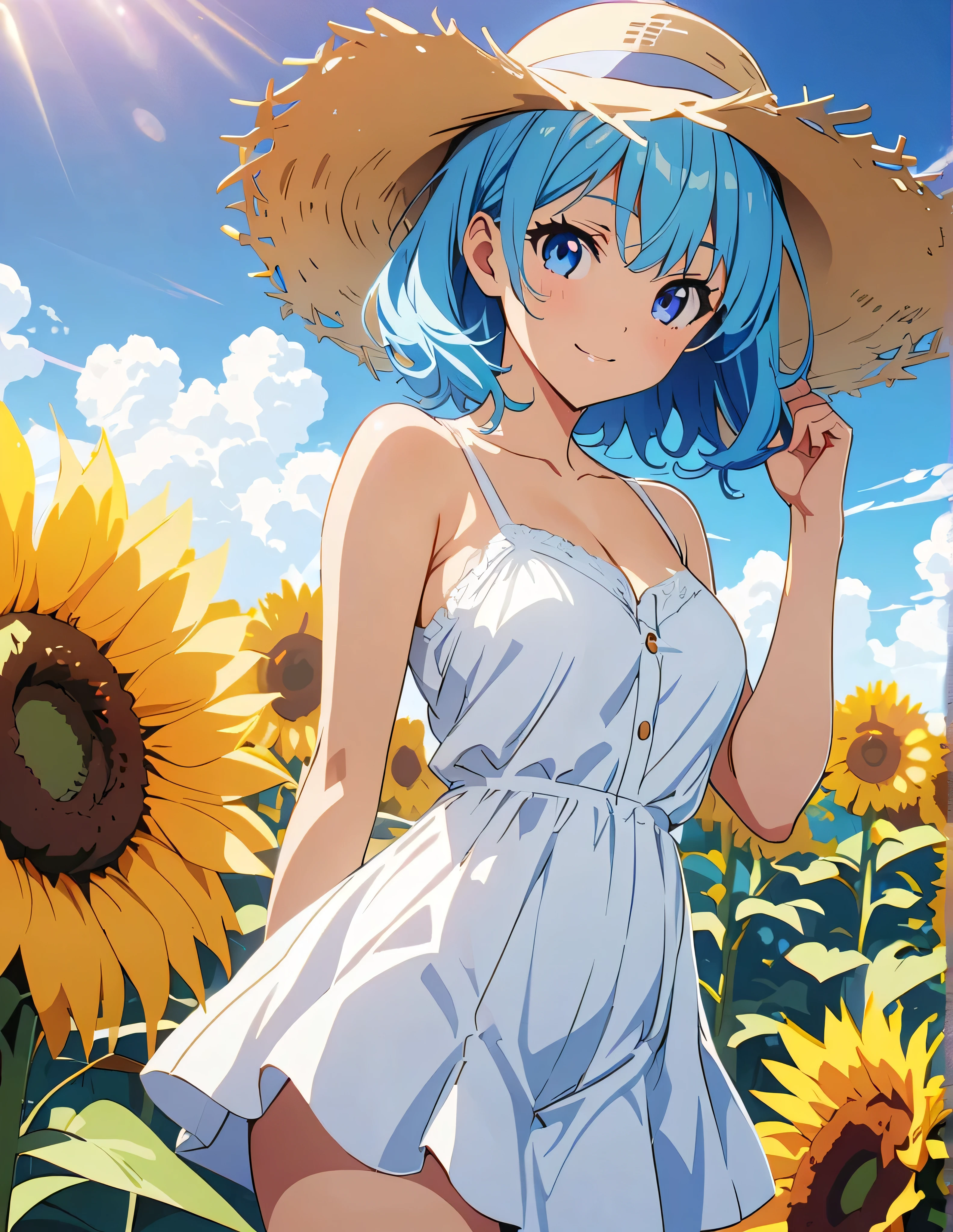 (anime artwork, anime style, studio anime, very detailed, up to date, vibrant, Anime Coloring, high contrast, masterpiece:1.2, best quality, best aesthetics),{{774inc}},{{souya ichika}},{{summer clothes}},1 girl,blue hair,light smile,sunflower park,sexy pose,cat ear,ultra-detailliert