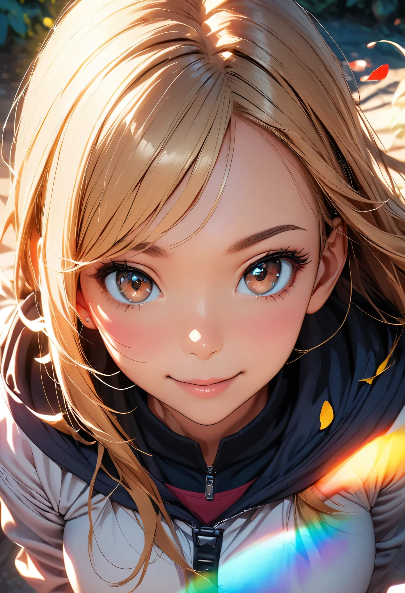 Highest quality, Great quality, 16K, Unbelievably absurd, Very detailed, delicate and dynamic, Natural light, The particles reflect light, Diffuse reflection of light, Many rainbow-colored petals fall, Sparkling Sun, Diffuse reflection of light, Create amazing image effects, anime style:0.9, photorealistic, Bright colors, Depth of the bounds written, blurred background, alone, 1 girl, ( long hair, asymmetrical bangs, dark brown eyes), beautiful face details, beautiful eyes, long eyelashes, soft lips, (small face), smile, open your legs, squat, spread legs, upper glance, from above