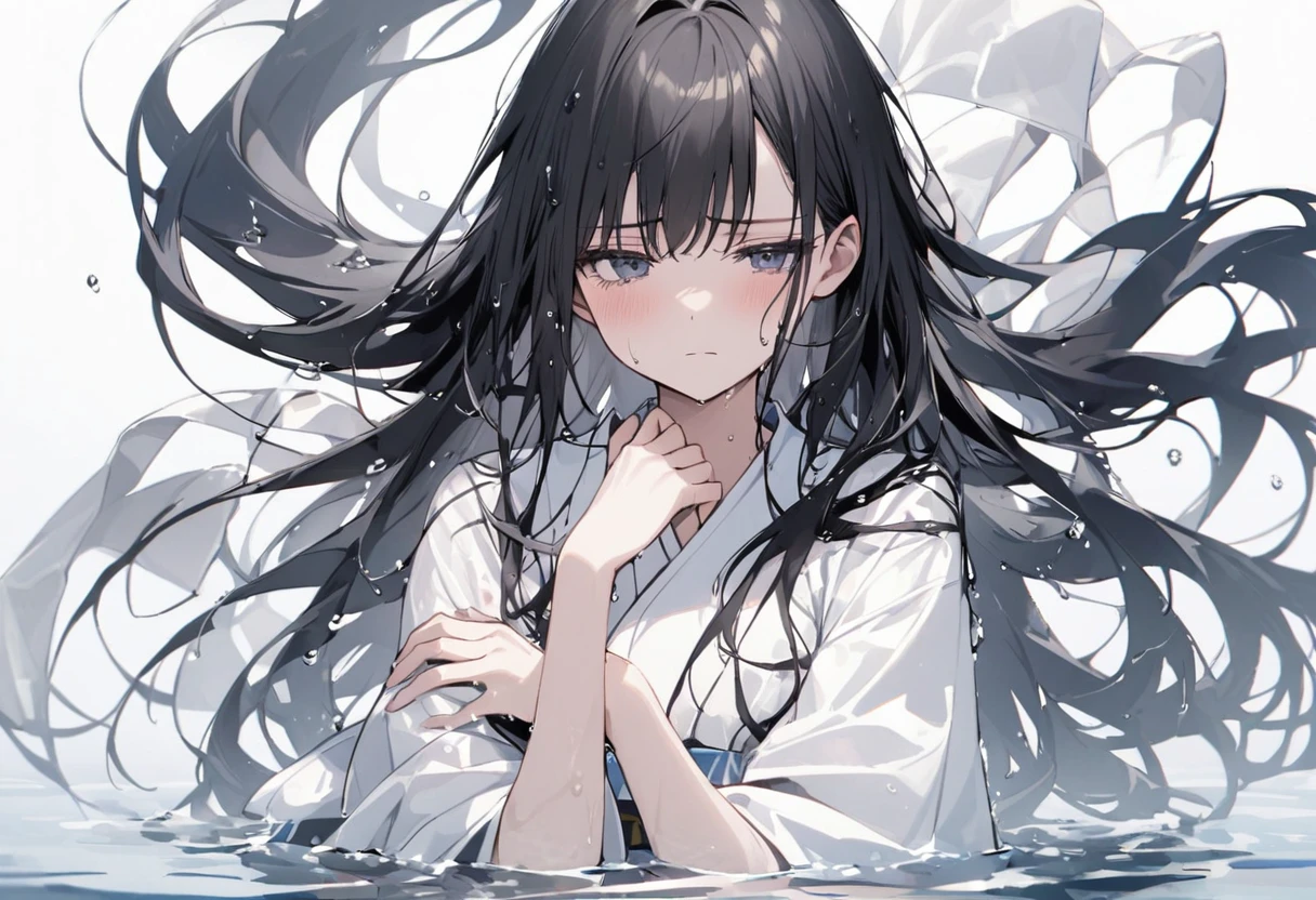 Girl with one hand out of the water、Black wet long hair、White triangular、White kimono、Many white hands sticking out of the water、The background is the pool、Sad look、