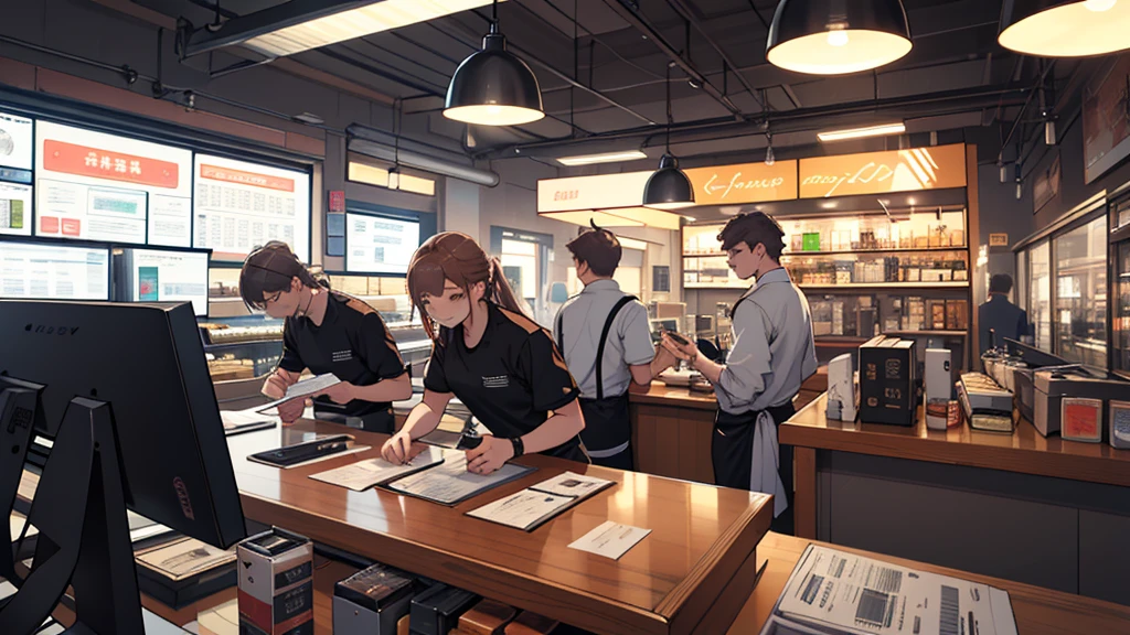 High level of image quality,Cash register,Bright,clean,Cover、Western Restaurant,Cash register,Female cashier,Merchant Clothing,masterpiece, Top quality, best quality,beautiful and aesthetic:1.2,Professional Illustration:1.1,Ultra Detailed:1.3,Perfect lighting