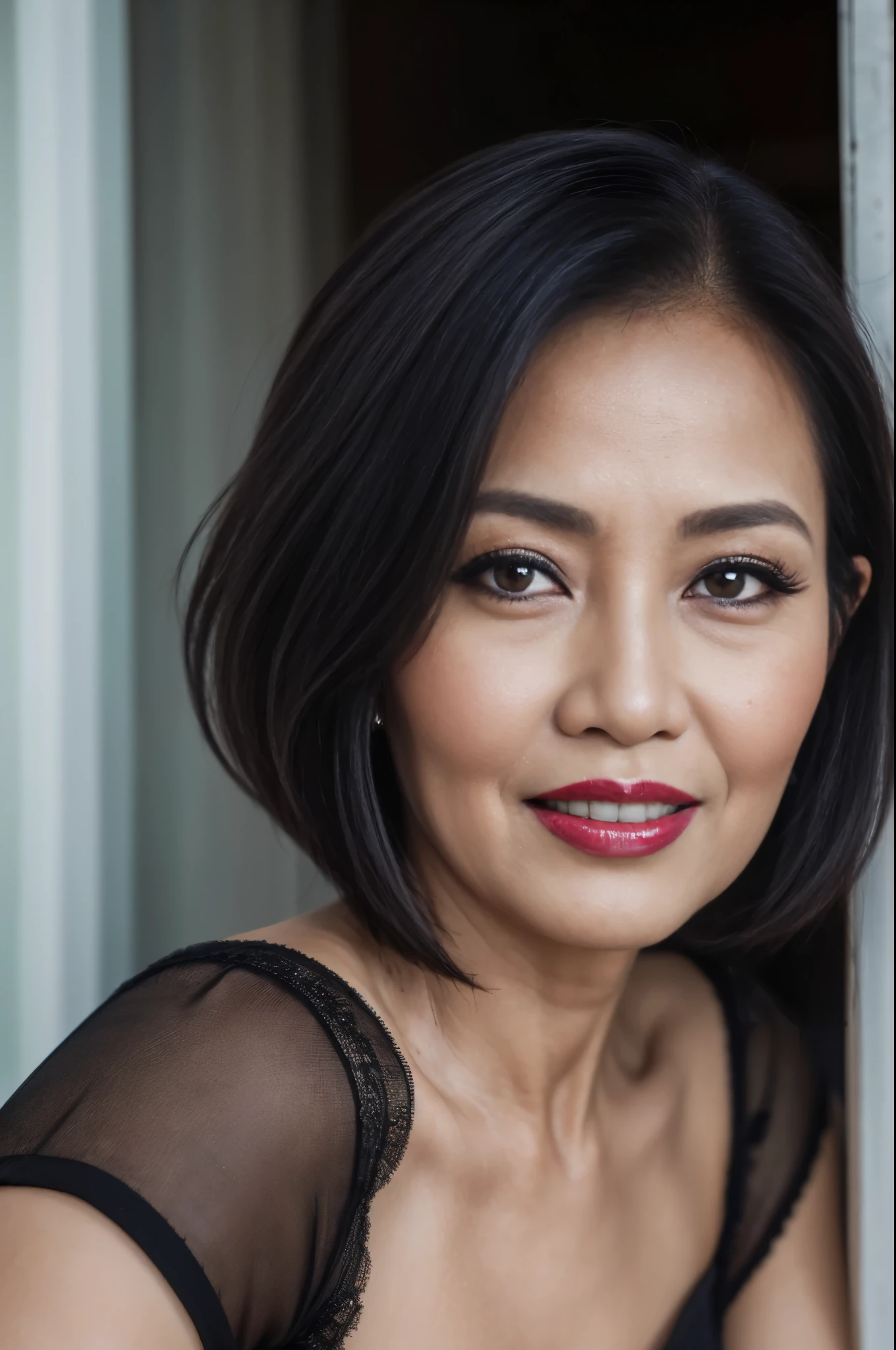 58-Years-Old,( Indonesian Mature Woman:1.1),, , ,( Seductive Look), ((portrait)) ,((best quality)), 8K,16K, HDR,high quality,,,,red lip,,(laugh line;1.2),,(heavy make up),(black short hair)