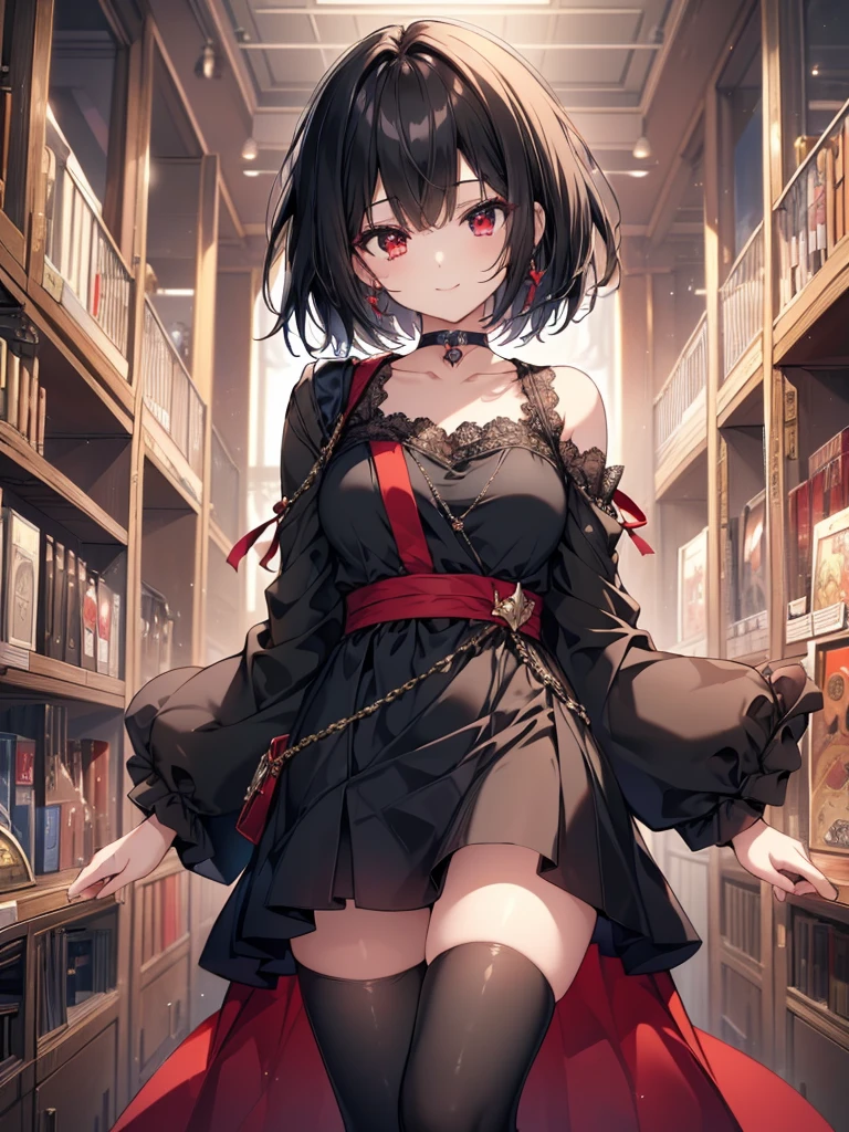 (masterpiece, highest quality, highest quality, (No text), Beautiful and aesthetic:1.2),No text,アニメ、BREAK,One Girl，Black Hair Girl　short hair　older sister　choker　Beautiful eyes　Red eyes　cool　smile　Black and Red　dress　Black jacket　stockings　whole body　In town