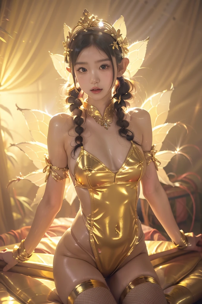 Japanese cute girl dressed as Kannon Bodhisattva, (wearing a golden leotard), ((wearing white fishnet stockings)), wearing a treasure crown on her head, Golden Transparent Fluttering Robes, ((In front of the luxurious golden wall)), (very young girl), 9 years old, (((oily body))), (((twin tail hair))), straight twintail hair, white skin, standing, (She has fairy wings on her back), (((huge breasts))), (((realistic))), (((High resolution)))