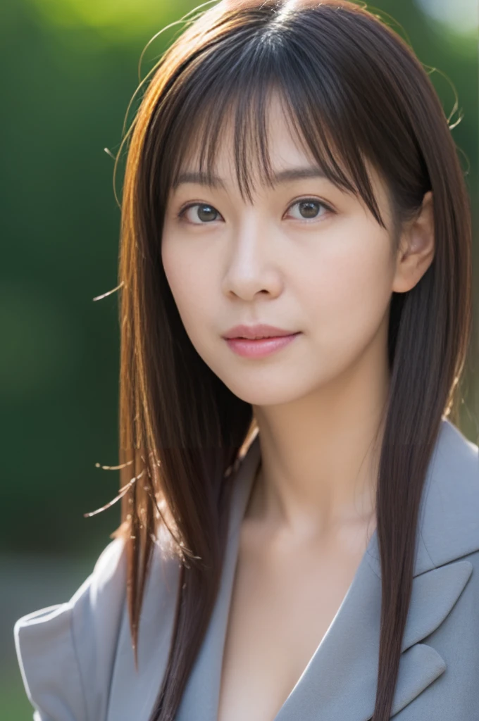 (the Extremely Detailed CG Unity 8K Wallpapers,masutepiece, Best Quality, Ultra-detailed), Gray background, 40-year-old female living in Japan, large full breasts, dark brown hair、poneyTail, 40-year-old female nursery teacher, Light on Face, Looking at the camera, The woman I admire, 40 year old beautiful woman working in nursery school