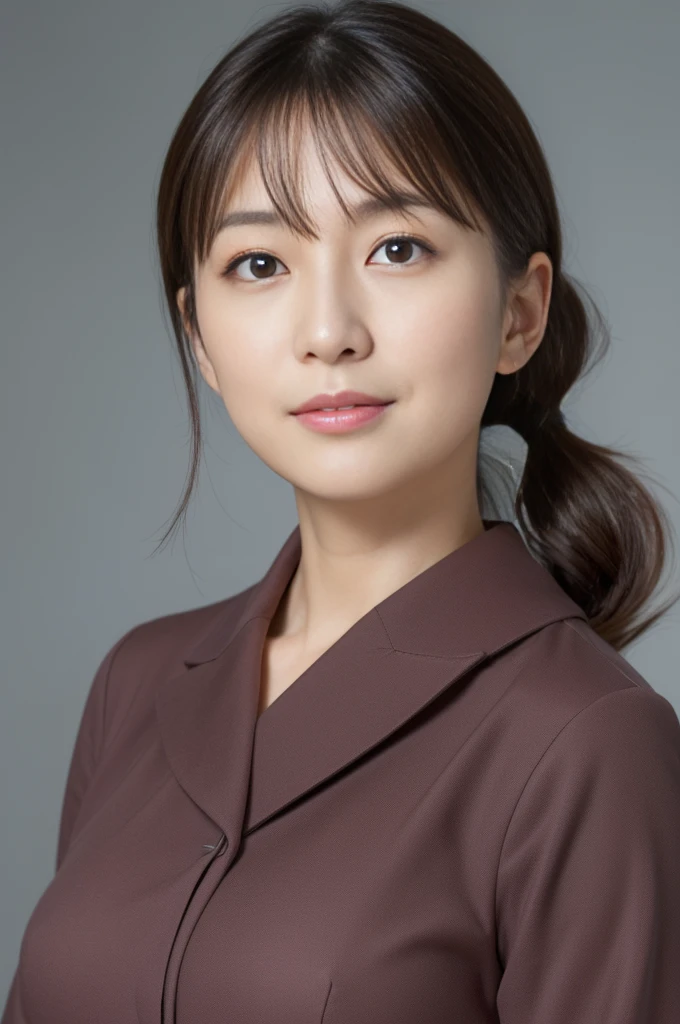 (the Extremely Detailed CG Unity 8K Wallpapers,masutepiece, Best Quality, Ultra-detailed), Gray background, 40-year-old female living in Japan, large full breasts, dark brown hair、poneyTail, 40-year-old female nursery teacher, Light on Face, Looking at the camera, The woman I admire, 40 year old beautiful woman working in nursery school