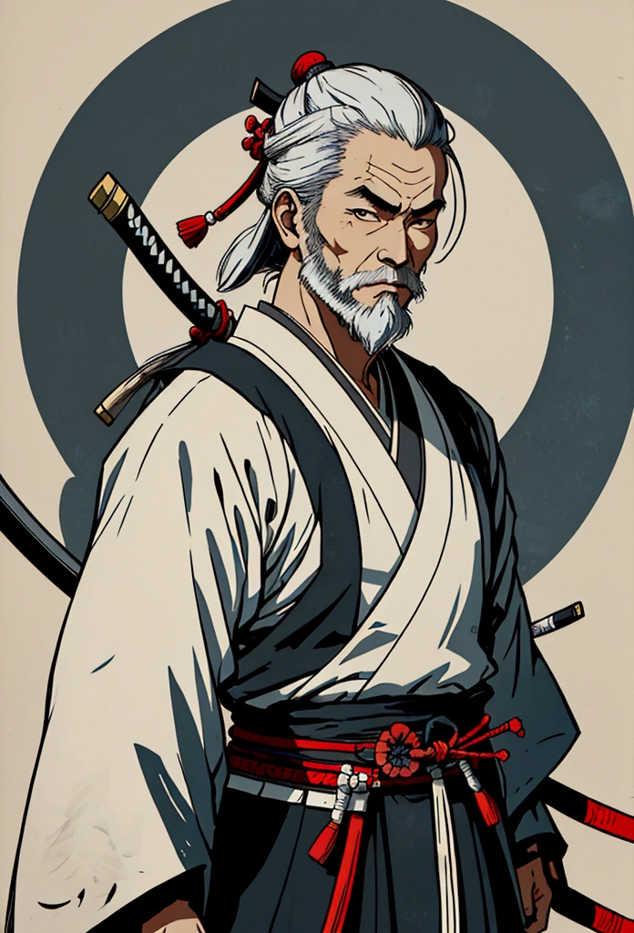 Samurai,historic, Gray Hair,White long beard,Alafed image of a man with a sword in his hand, Japanese sword,samurai portrait, inspired by Kanō Sanraku, miyamoto musashi, ancient Japanese Samurai, samurai portrait, Japanese Samurai, Inspired by Wu Daozi, Samurai Style, Samurai Man Wanderer, Traditional Japanese concept art, Works inspired by Kano Hogai
