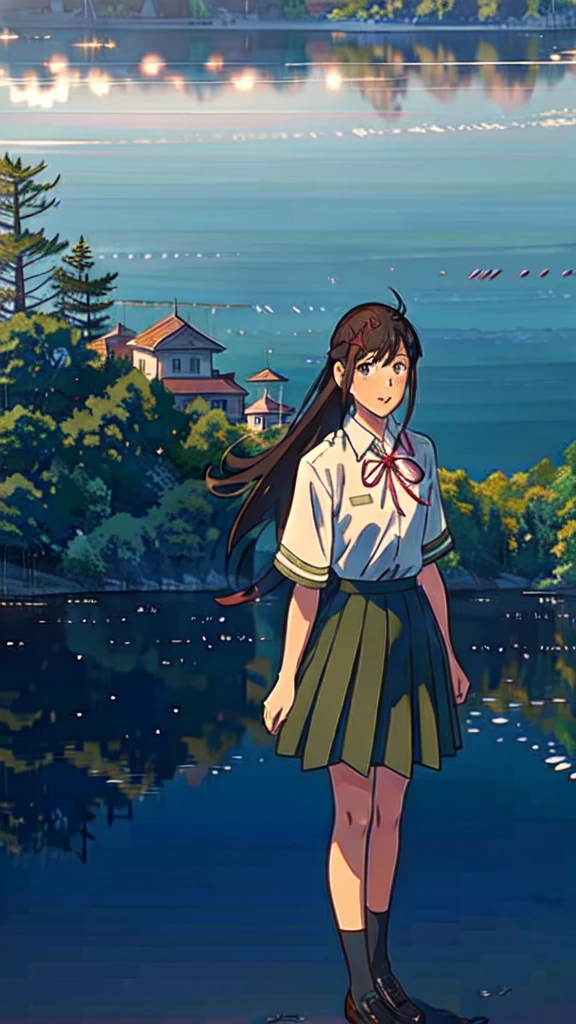 suzu_me, 1 girl, (standing), (gaze:1.2), full body, brown eyes, black hair, hair clip, single drill, red ribbon, short sleeved school uniform, (green school skirt), outdoors, (rays:1. 2), (sun:1.2), (blue sky:1,) Bridge of trees, (Flowers:1.1), (Lake:1.2), (Mountain:1.2), (City:1.2), Lawn, Trees, from above,
