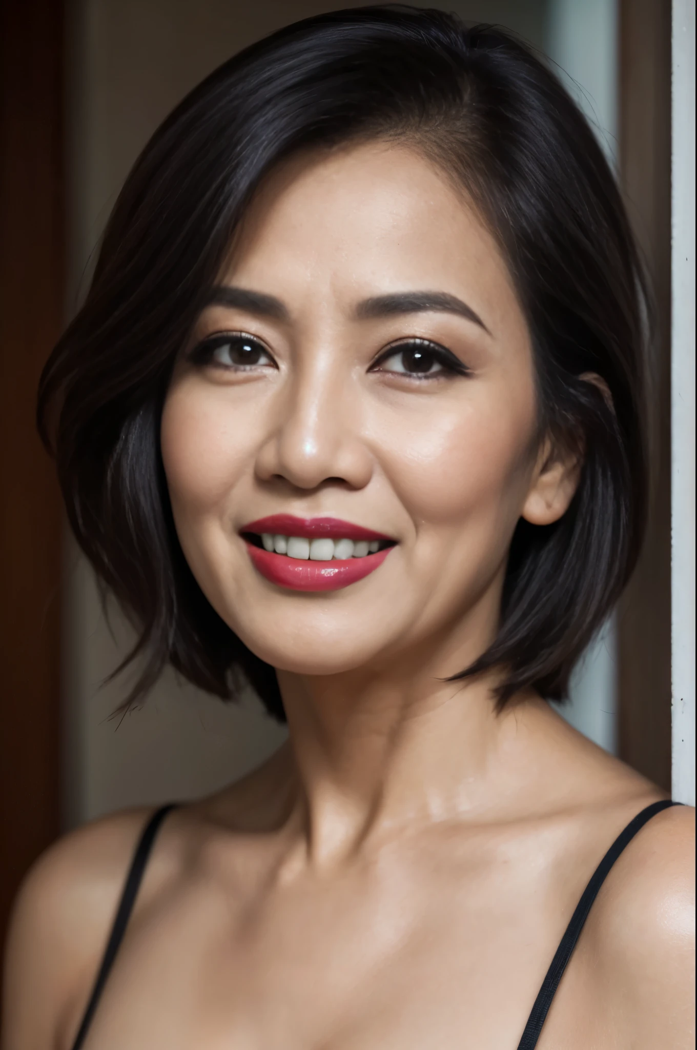 58-Years-Old,( Indonesian Mature Woman:1.1),, , ,( Seductive Look), ((portrait)) ,((best quality)), 8K,16K, HDR,high quality,,,,red lip,,(laugh line;1.2),,(heavy make up),(black short hair)
