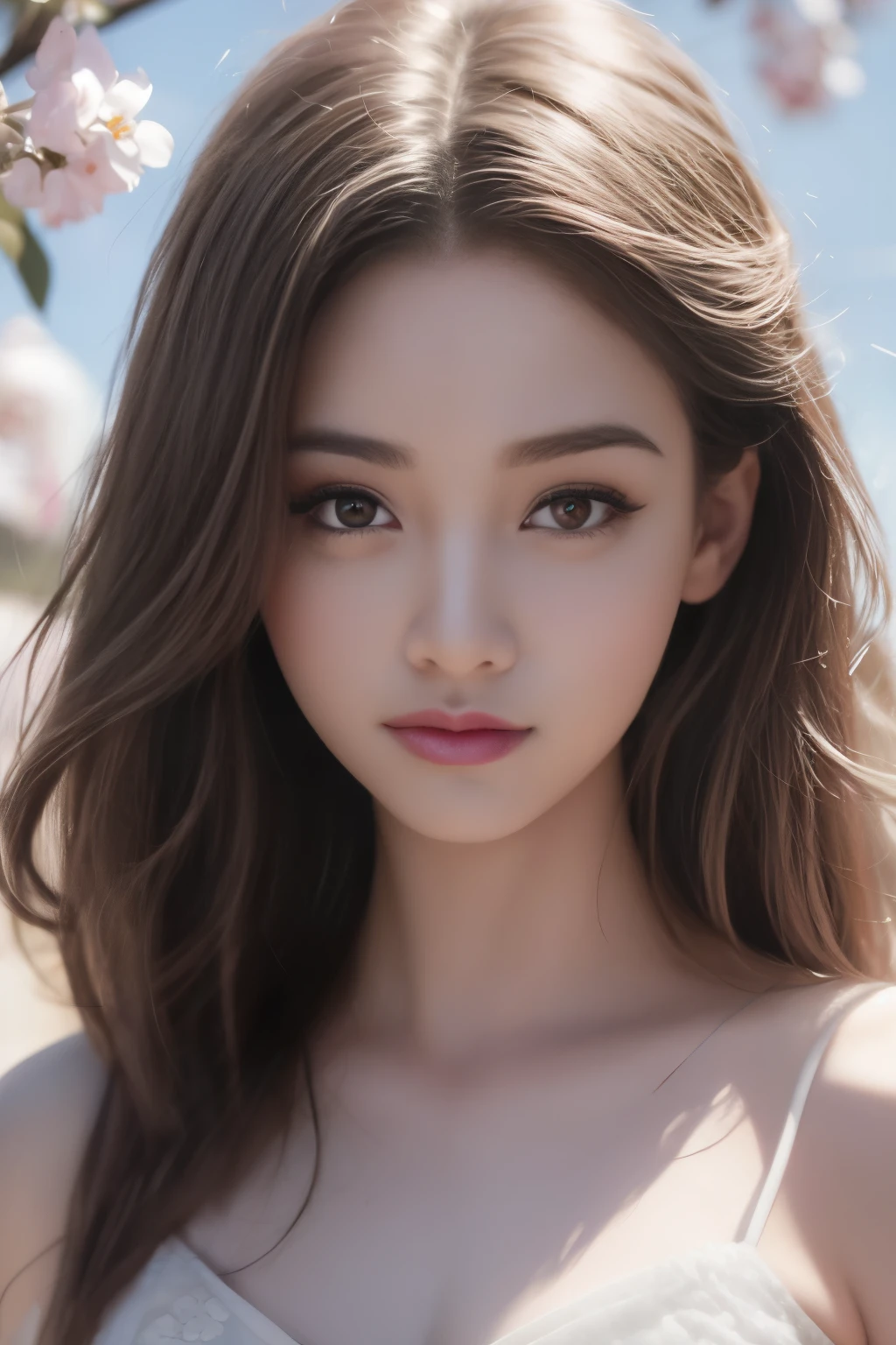 （1 girl：1.3）， alone， （（（very detailed face））），（（Highly detailed eyes and face））），（full body portrait:1.5）（bright pink hair:1.5）, （pink eyes:1.5）, pink and white, sakura leaves, bright colors, white dress, paint splatter, simple background, ray tracing, Perm