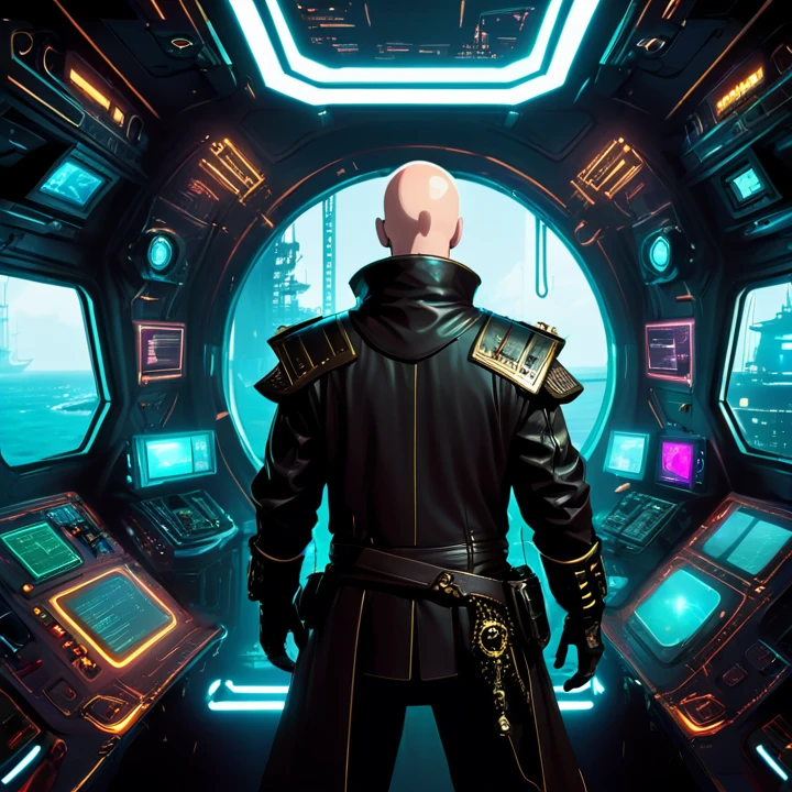 Cyberpunk pirate man captain Bald, dark futuristic ship interior background, control panel