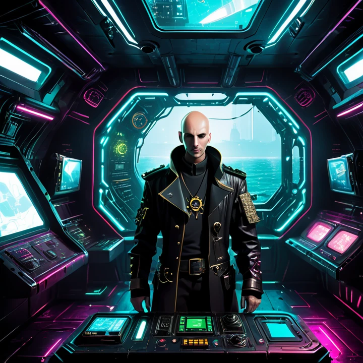 Cyberpunk pirate man captain Bald, dark futuristic ship interior background, control panel