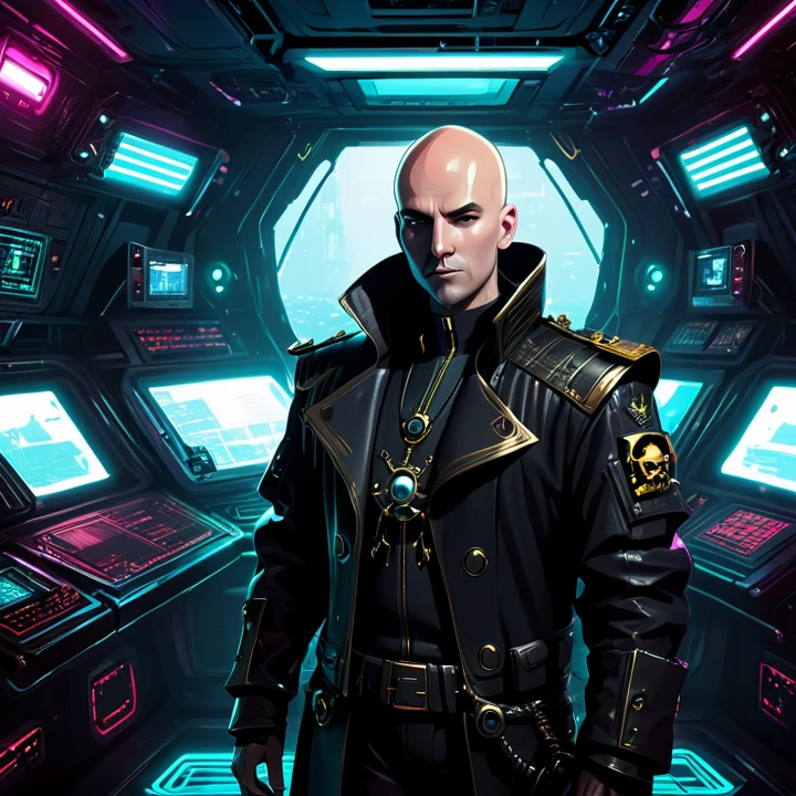 Cyberpunk pirate man captain Bald, dark futuristic ship interior background, control panel