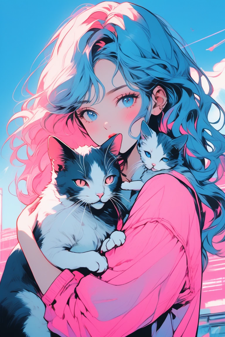 (Highest quality:0.8), (Highest quality:0.8), Perfect illustration((masterpiece, Highest quality)), Illustrator, anime , Realistic ,sketch , 1 girl,and the cat,lip, Summer clothes,order, Blue gradient background, Neon Hair,Texture Trim, Canadian, (masterpiece,Highest quality) Cancer、pink、Woman holding cat