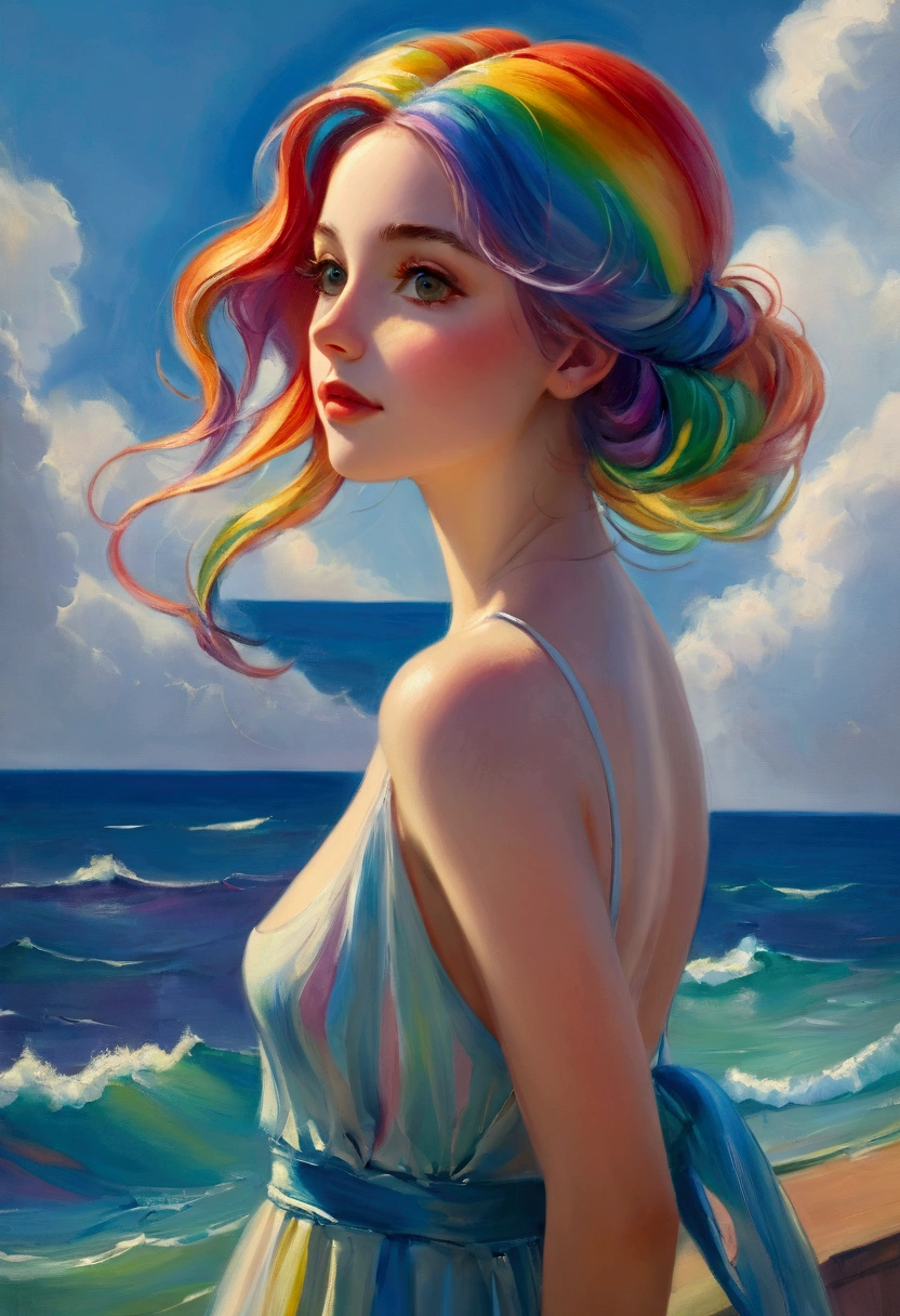 ((Inspired by Charles Camoin)), (Impressionist Painting), 1 Girl,Upper part of the body,elegant dress,View from the side,Looking at the audience,Rainbow Hair,water,cloud,star