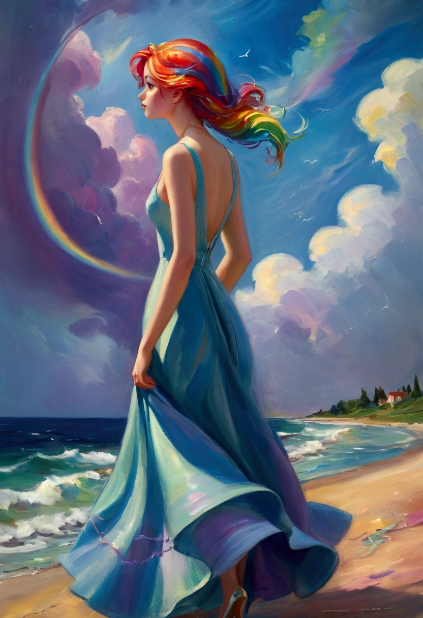 ((Inspired by Charles Camoin)), (Impressionist Painting), 1 Girl,Upper part of the body,elegant dress,View from the side,Looking at the audience,Rainbow Hair,water,cloud,star