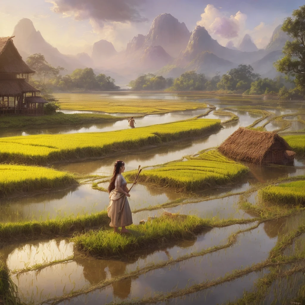 painting of a woman cooking in a rice field with a river running through it, beautiful digital artwork, realistic fantasy painting, a beautiful artwork illustration, fantasy matte painting,cute, wide angle fantasy art, highly realistic concept art, realistic fantasy artwork, fantasy scene, stunning photo real concept art, surreal concept art, awesome greate composition, surreal and fantasy art, mystical setting