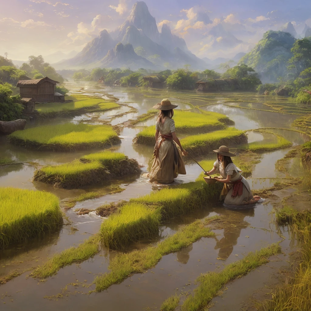painting of a woman cooking in a rice field with a river running through it, beautiful digital artwork, realistic fantasy painting, a beautiful artwork illustration, fantasy matte painting,cute, wide angle fantasy art, highly realistic concept art, realistic fantasy artwork, fantasy scene, stunning photo real concept art, surreal concept art, awesome greate composition, surreal and fantasy art, mystical setting