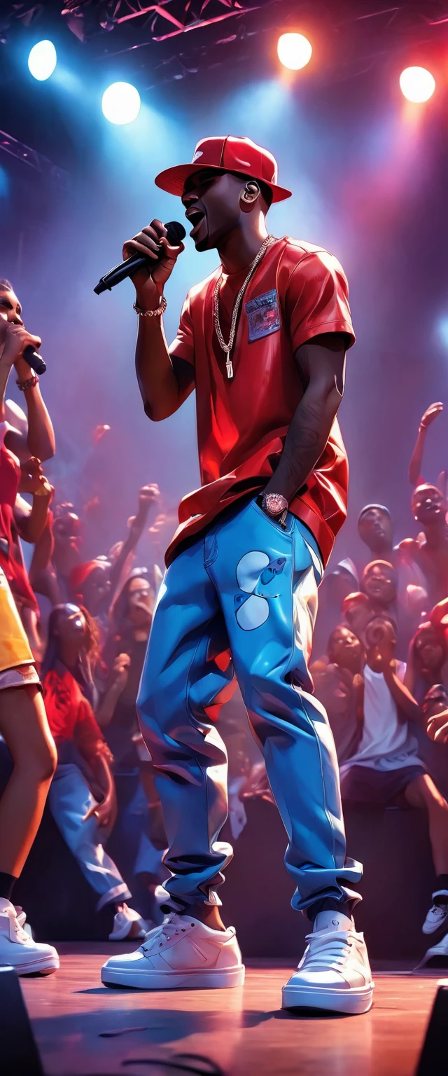 a man in a red hat and blue pants singing in front of a microphone, taps into microphone, taps, hip hop style, high quality artwork, pop punk art style, taps on stage at festival, cartoon style illustration, hip hop music album cover, hip hop urban inspired, hand painted cartoon art style, hip hop, cartoon art style, handsome hip hop young black man, professional artwork