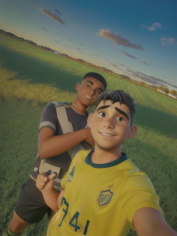 there are two men standing in a field with a sky background, filmed on gopro9, 8k selfie photograph, during golden hour, during sunset, with sunset, shot at the golden hour, Phenomenon Ronaldo Nazário, at the golden hour, on a soccer field, two young people, fot, gopro shot, in a large grassy green field