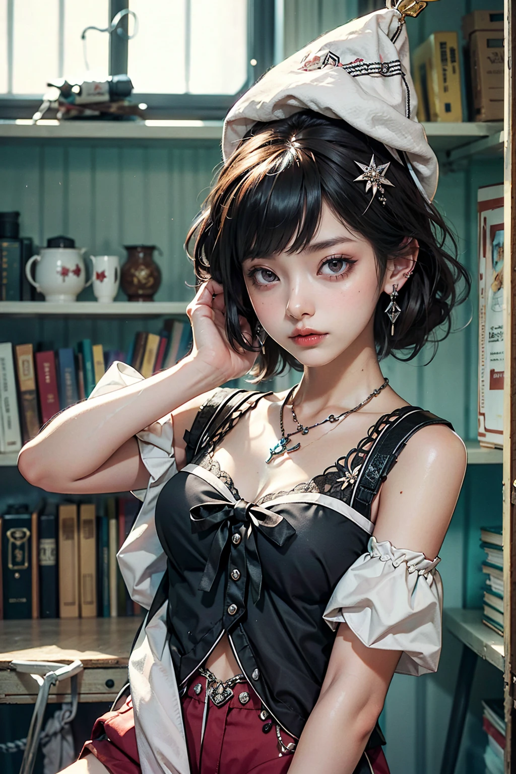 (masterpiece:1.3), (Highest quality:1.3),indoor,Bookshelf,window,alone,One girl, I have traveled_stout, Upper Body, Are standing,brown hair, brown eyes, alone, hairclip, Earrings, jewelry, short_hair, white_hat, Have, hair_ornament, brown_gloves, necklace, short_shorts, x hair ornament, red shorts, Braiding,