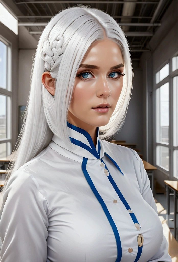 Tall beautiful woman with white hair in a school