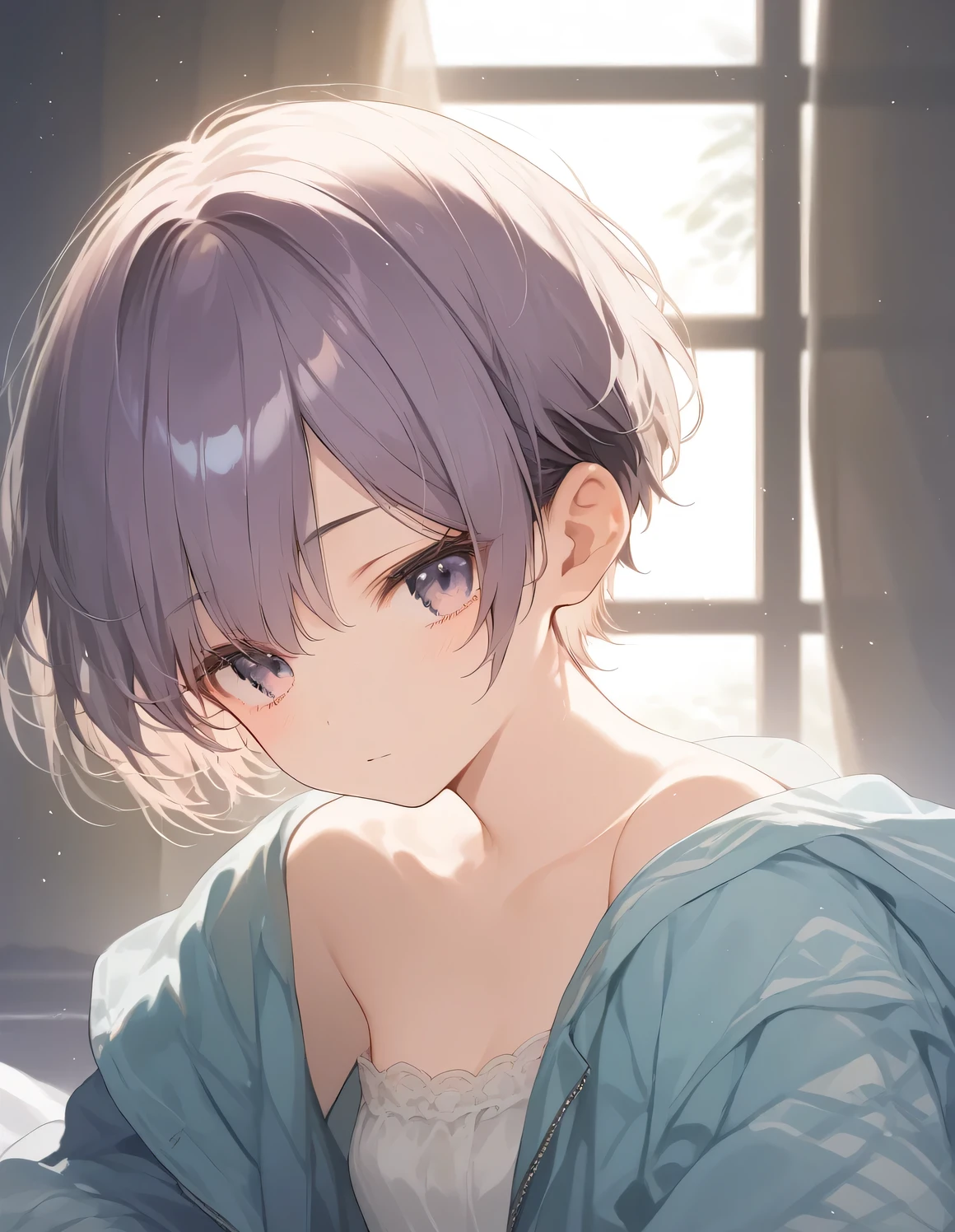 score_9, score_8_up, score_7_up, source_anime, best quality, masterpiece, official art, absurdres, highres, ultra-detailed,waifu2x,JAV Cover,break,1girl, tomboy, idol girl, very short hair, pixie cut, small breasts, beautiful detailed eyes, expressionless, sleepily, indoors, break,(clear line illustration:1.2), super detailed skin,very high resolution, very aesthetic, Best sexual lighting powered by famous artist, 8k,cute picture,beauty illustration,photoshop_(medium),,(Detailed Lighting),best anime 8k konachan wallpaper, pixiv contest winner,