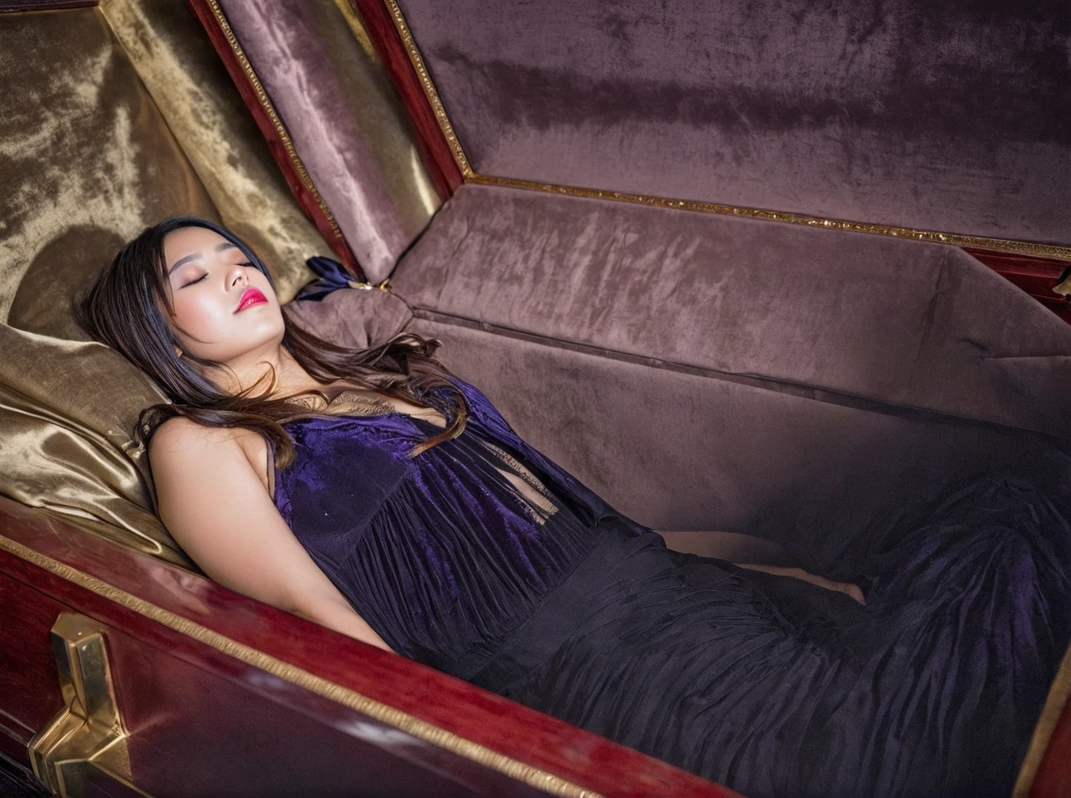 In a striking 8K HDR scene, a stunning Korean woman, 22 years old, lies peacefully in a black coffin surrounded by plush pillows. The deep box is set against a rich black background, accentuating the beauty of the subject. Her exquisite deep-V neckline kebaya attire is embroidered with superb detail, showcasing her round and firm breasts, perfect cleavage, and beautiful eyebrows. Her closed eyes and mouth give an air of serenity, while her visible and absolute cleavage leave nothing to imagination. The scene is bathed in saturated colors, highlighting every intricate aspect from the ball skirt to her clean face, straight body, detailed hand perfect hands, straight body, own hands together, own hand on stomach, detailed hands, perfect hands.