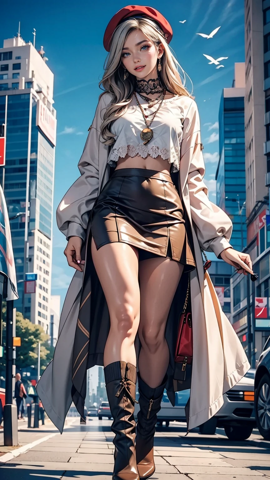 24 year old Caucasian female、Silver Hair、Straight Hair、Red Beret、Sexy proportions、Narrow waist、Lace embellished tops、No sleeve、Low rise micro mini flare skirt(I can see your pants)、Knee socks、short boots、smile、Skyscraper Background