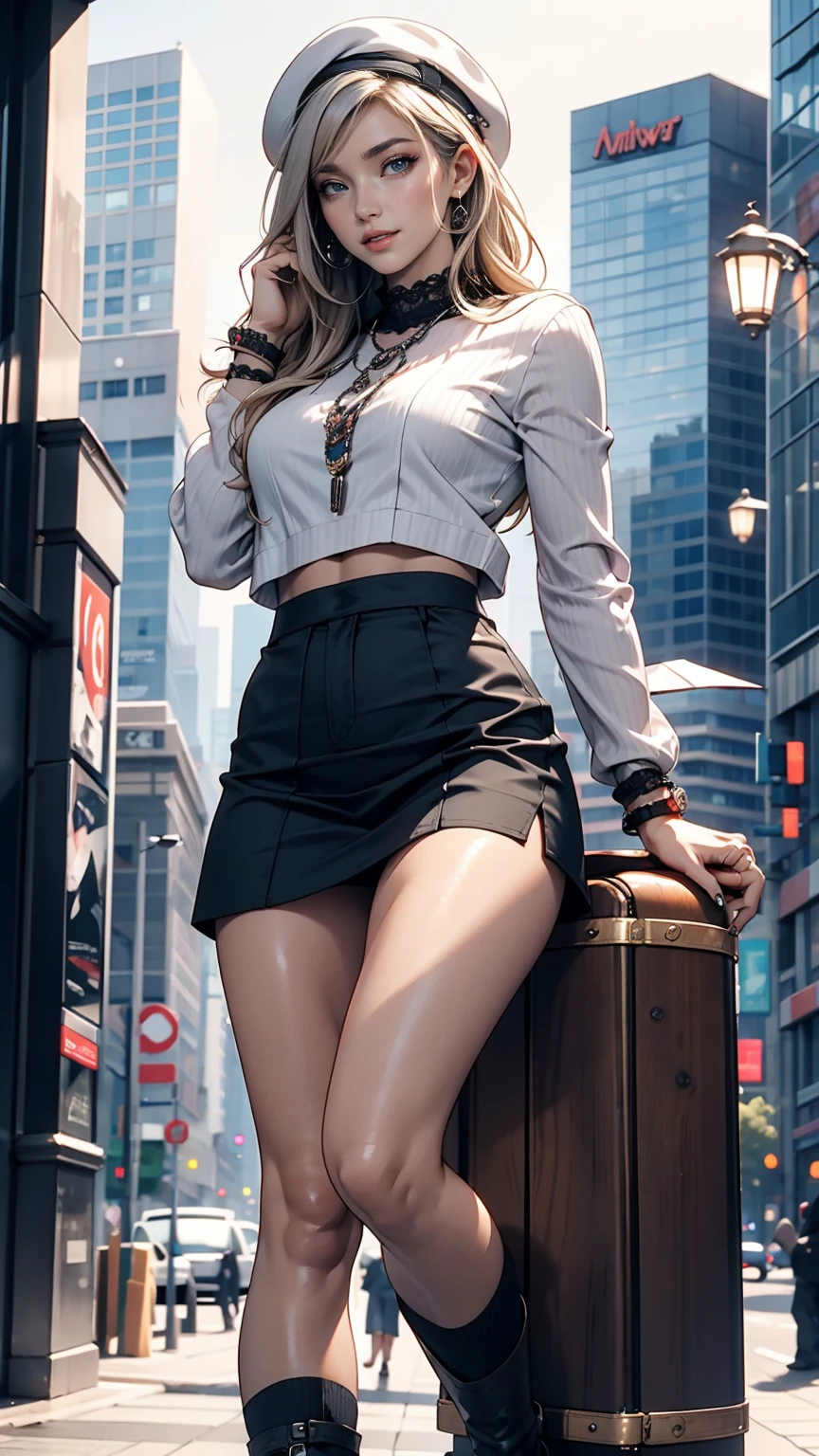 24 year old Caucasian female、Silver Hair、Straight Hair、Red Beret、Sexy proportions、Narrow waist、Lace embellished tops、No sleeve、Low rise micro mini flare skirt(I can see your pants)、Knee socks、short boots、smile、Skyscraper Background