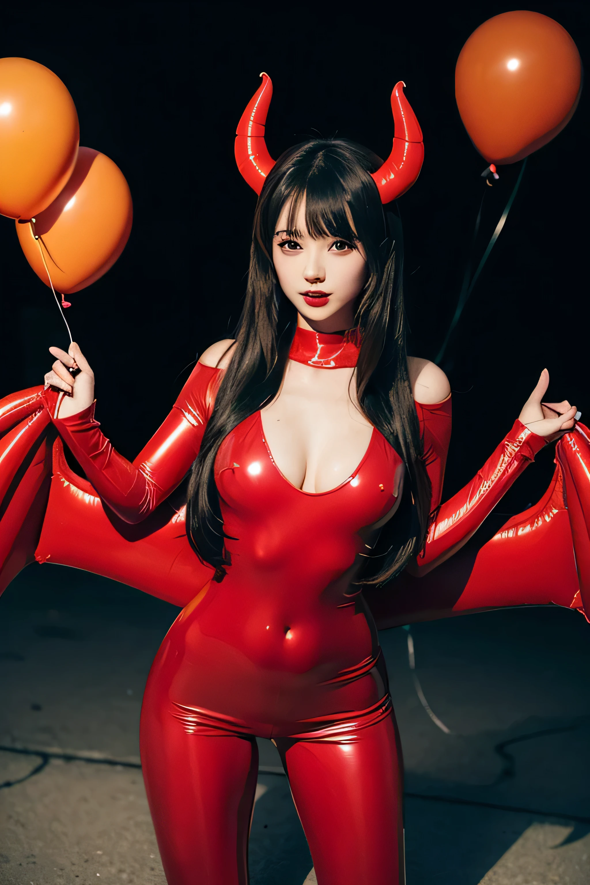 smooth.transparent.inflatable doll..rubber.inflatable tail.Inflatable devil wings.devil girl.lots of balloons