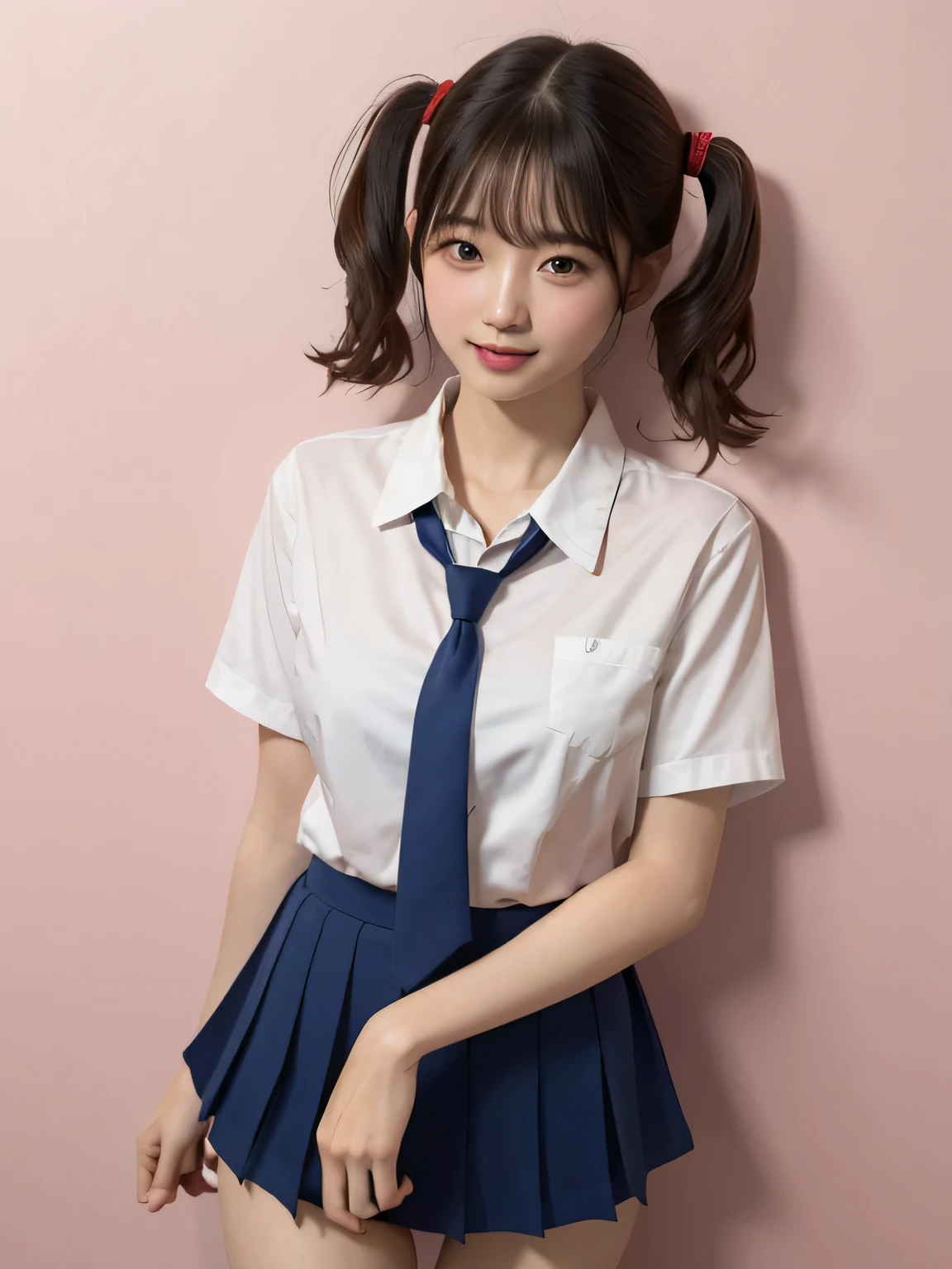 (Highest quality、8k、32K、masterpiece、Hmph:1.2)、Pink Wall、sexy、20-year-old、Cute Japan woman photo、Twin tails、thin、slender、(Bobcut)、(Small breasts)、double eyelid、Red open front shirt、Navy blue tie、Red mini skirt、Thighs、Blue Wall、whole body、smile、sexy、Thighsが見える