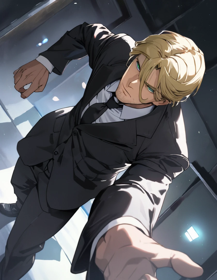 1man, veteran CIA agent, handsome mature, business hair with asymmetry bangs, narrow stubble, green platina blond hair, emerald eyes, 45yo, masculine gentleman, charming caucasian, ordinary uncle, pentagon shaped head, BREAK ideal ratio body proportions, middle weight muscular, beautiful detailed eyes, dark iris, BREAK solo, man in black suit, white shirt, black necktie, softly smile, BREAK upperlegs, dandy posing, dramatic expression, 2000s, visual novel, in newest eroge style, dutch angle, cinematic shadows, cinematic lighting, lens flare, epic scene, extreme all detailed, masterpiece, best quality