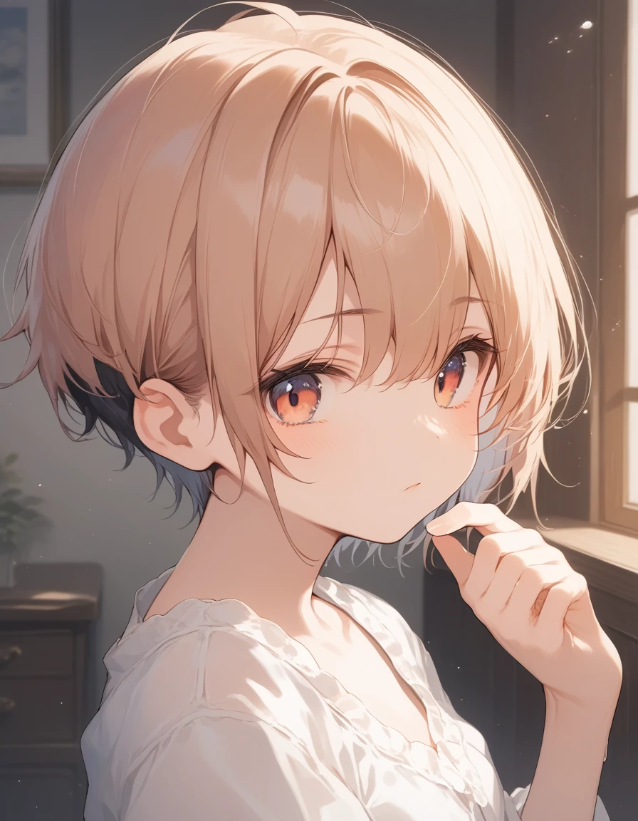 score_9, score_8_up, score_7_up, source_anime, best quality, masterpiece, official art, absurdres, highres, ultra-detailed,waifu2x,JAV Cover,break,1girl, tomboy, idol girl, very short hair, pixie cut, small breasts, beautiful detailed eyes, expressionless, sleepily, indoors, break,(clear line illustration:1.2), super detailed skin,very high resolution, very aesthetic, Best sexual lighting powered by famous artist, 8k,cute picture,beauty illustration,photoshop_(medium),,(Detailed Lighting),best anime 8k konachan wallpaper, pixiv contest winner,
