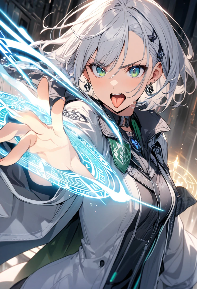 tongue,Gal,Earrings,green、Silver-white hair、Coat of arms、magic circle