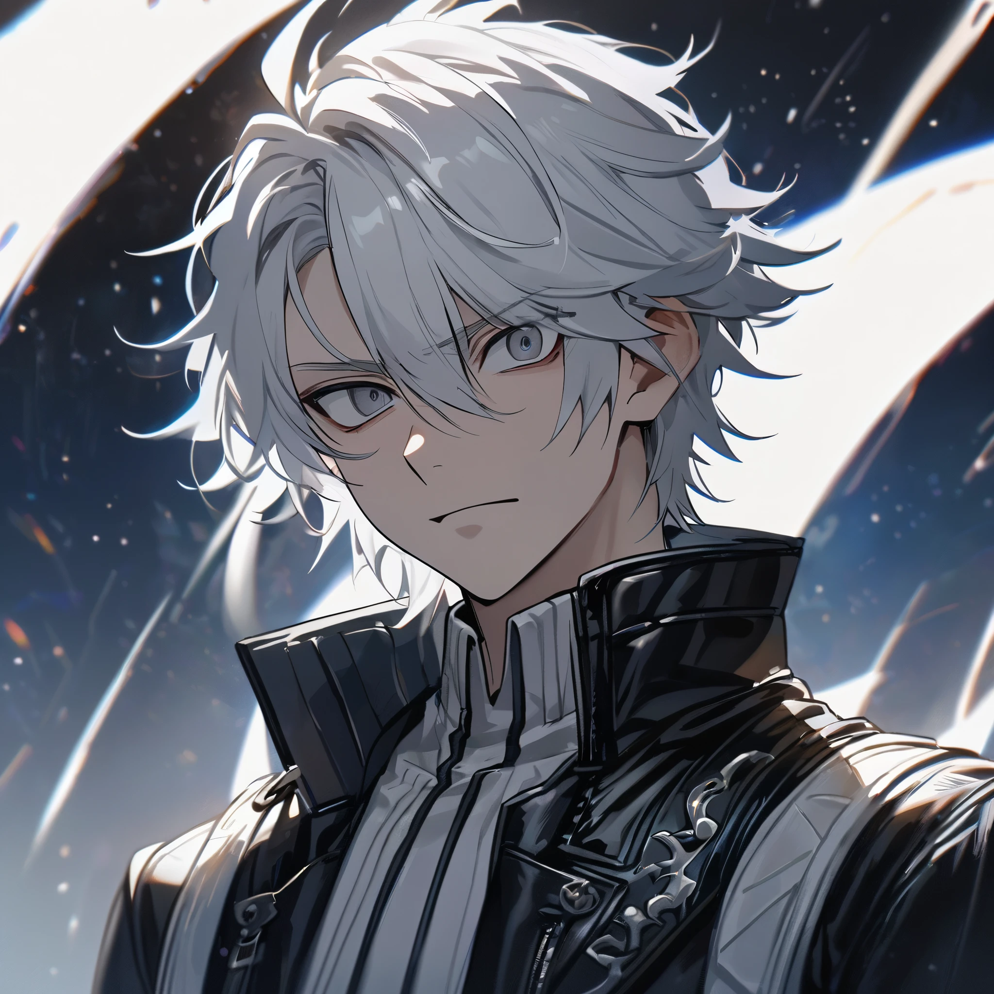 High quality, HD, 4k, no shadows, handsome male, 1male, 17 years old, teenager, short white hair, silver hair, white hair, sharp eyes, dark grey colored eyes, deep grey eyes, grey eyes, devil may cry, close up, calm expression, stoic expression, black leather clothes, white leather clothing, lean body, well trained body, upper body, looking at viewer, cowboy shot, white solar, space background