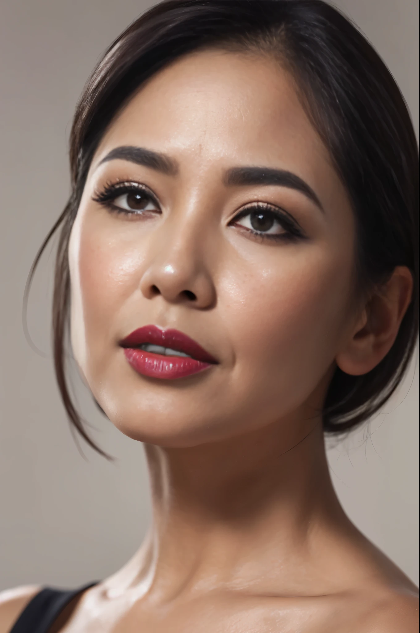 Masterpiece, an award winning portrait of a Asian 50 years old female beautiful business executive, ultra detailed face, ultra high detailed eyes, ultra realistic skin, (textured skin, skin pores, half body shot:1.1), brown skin, big tits,(curvy body1.1), long black hair, hair over one eye, brown eyes, dark eyes, thin eyebrows, perfect teeth, red lipstick, seductive makeup, Armani satin business shirt, 32K, ultra high res.photorealistic, UHD, Leica SL2 + Leica Vario-Elmarit-SL 24-70 f/2.8 ASPH, RAW, sharp ,natural lighting, a corporate photograph